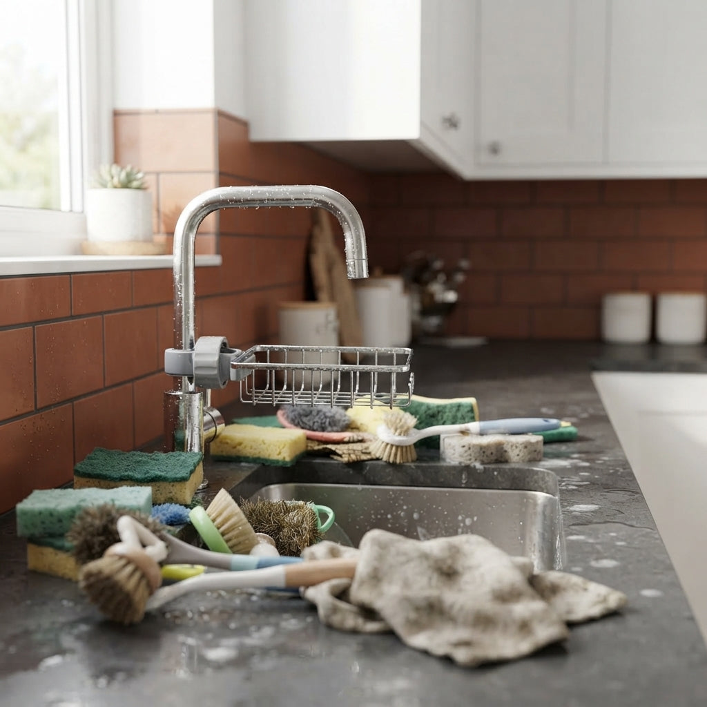 A cluttered kitchen sink with wet sponges and brushes scattered on a dark charcoal countertop near white cabinets.