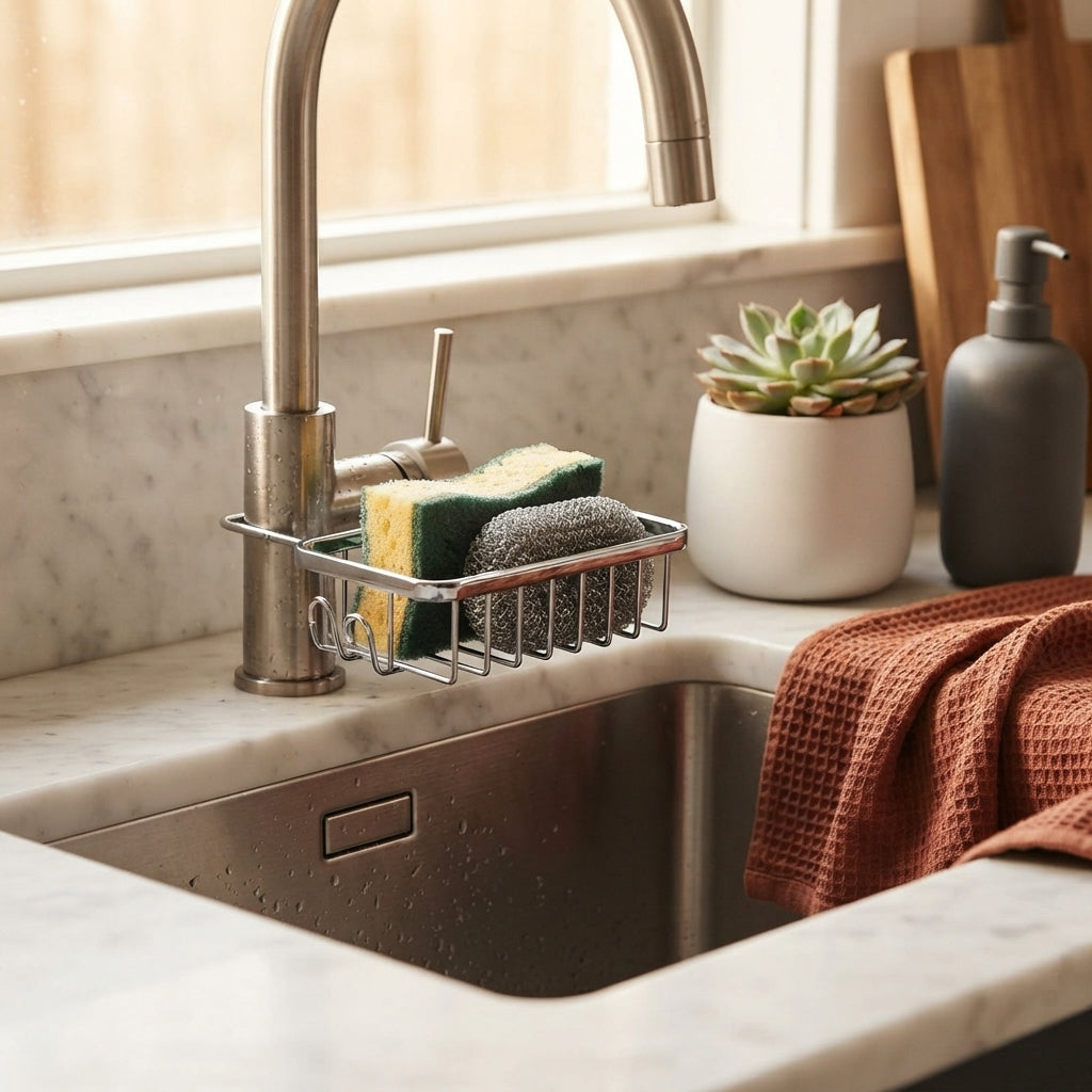 A Sink Candy Organiser neatly holding kitchen cleaning tools on a clean marble countertop next to a kitchen sink.