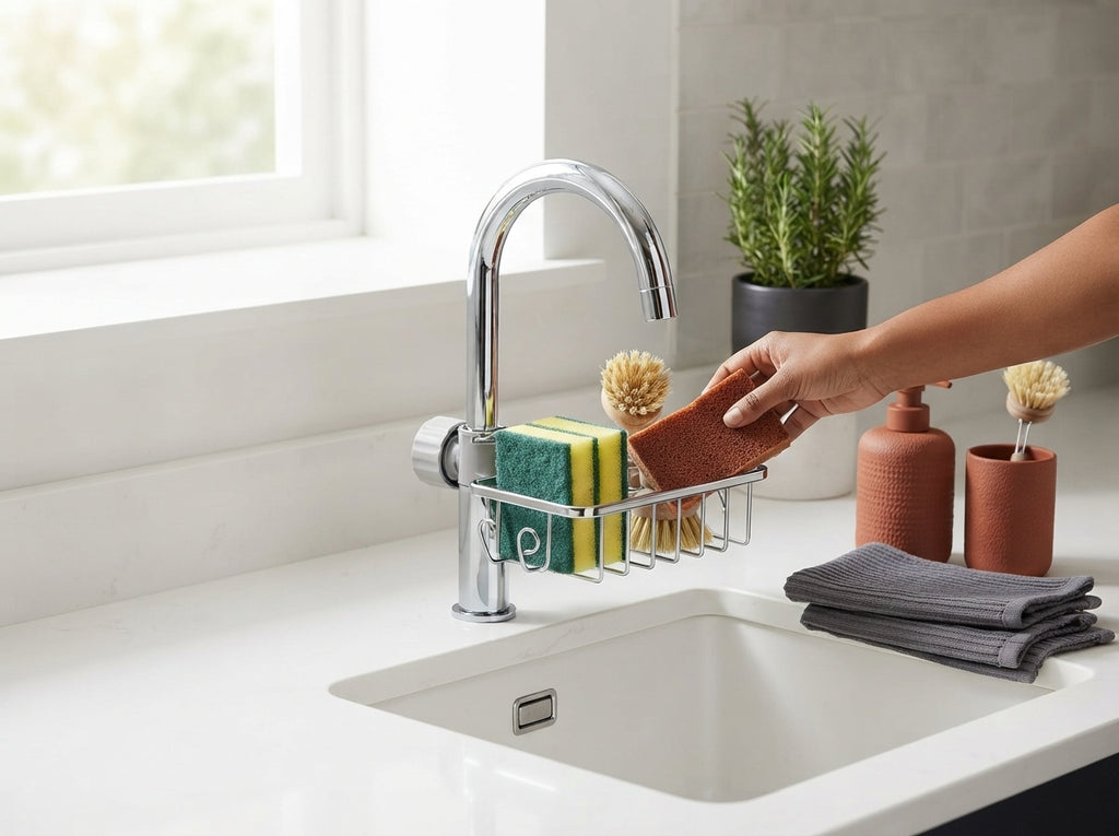 A clean kitchen sink area with a Sink Candy Organiser holding sponges, styled with burnt sienna and charcoal accents.